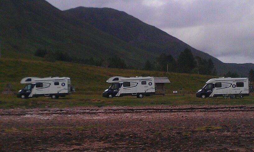 x3 Scottish Tourer Motorohomes parked at Applecross Bay