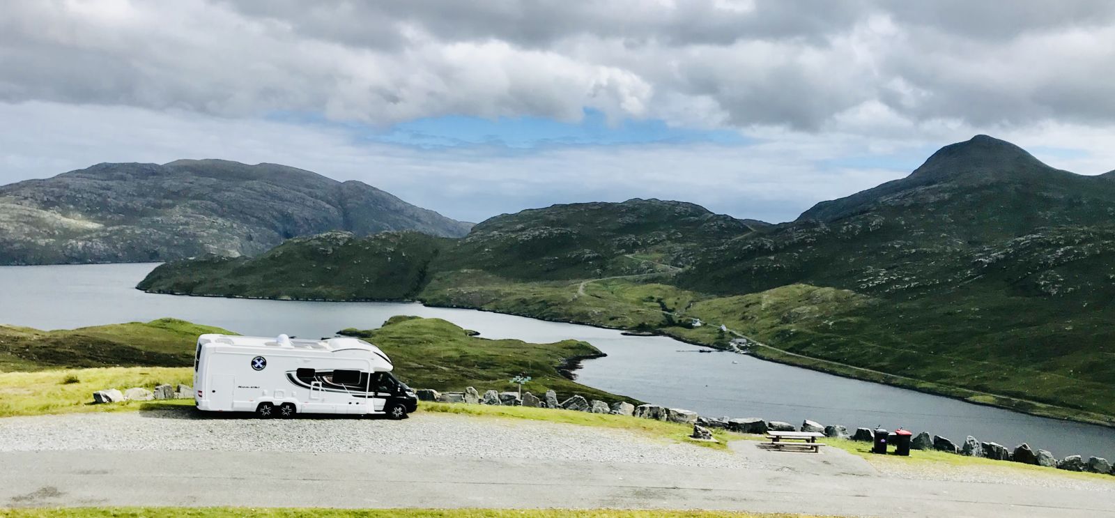 Motorhome parked at side of loch