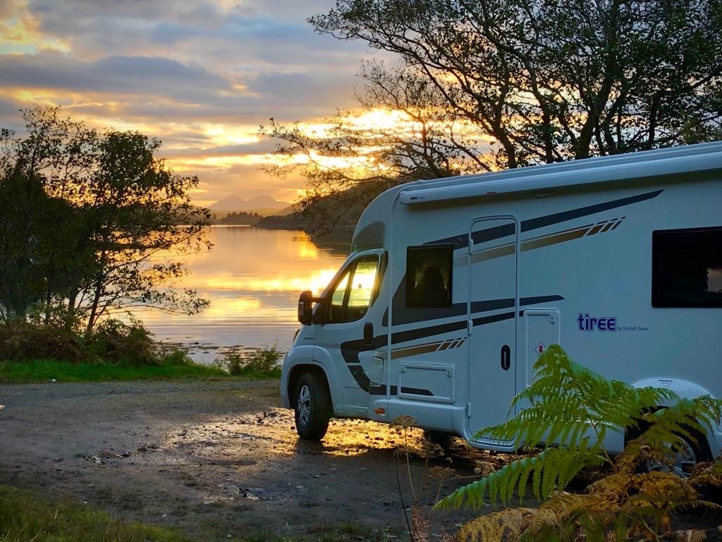 Motorhome looking at a sunset in Scotland