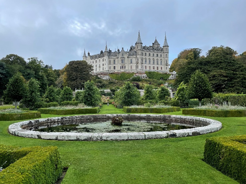 Gardens at Dunrobin Castle with the castle in the backgrouns